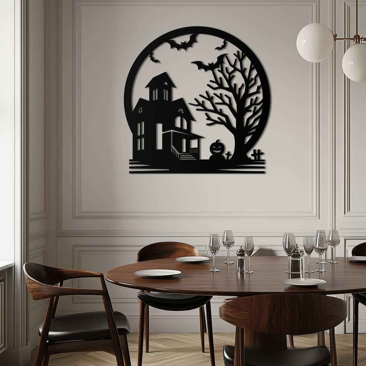 Metal Wall Art Haunted House and Bat Scene Round - Spooky Halloween Decor