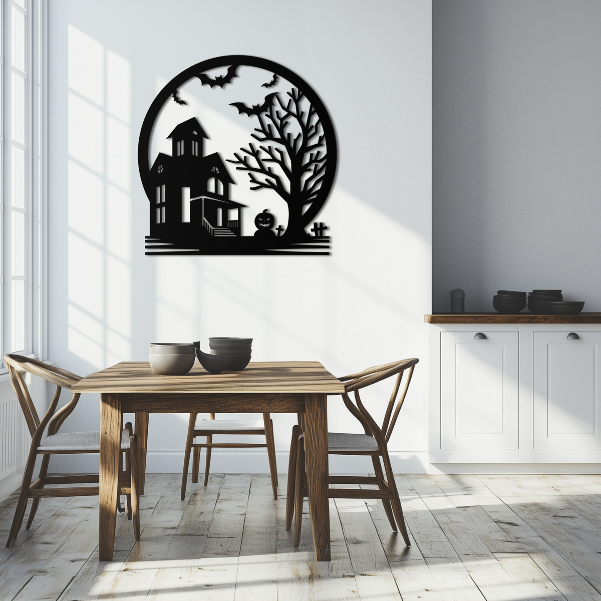 Metal Wall Art Haunted House and Bat Scene Round - Spooky Halloween Decor