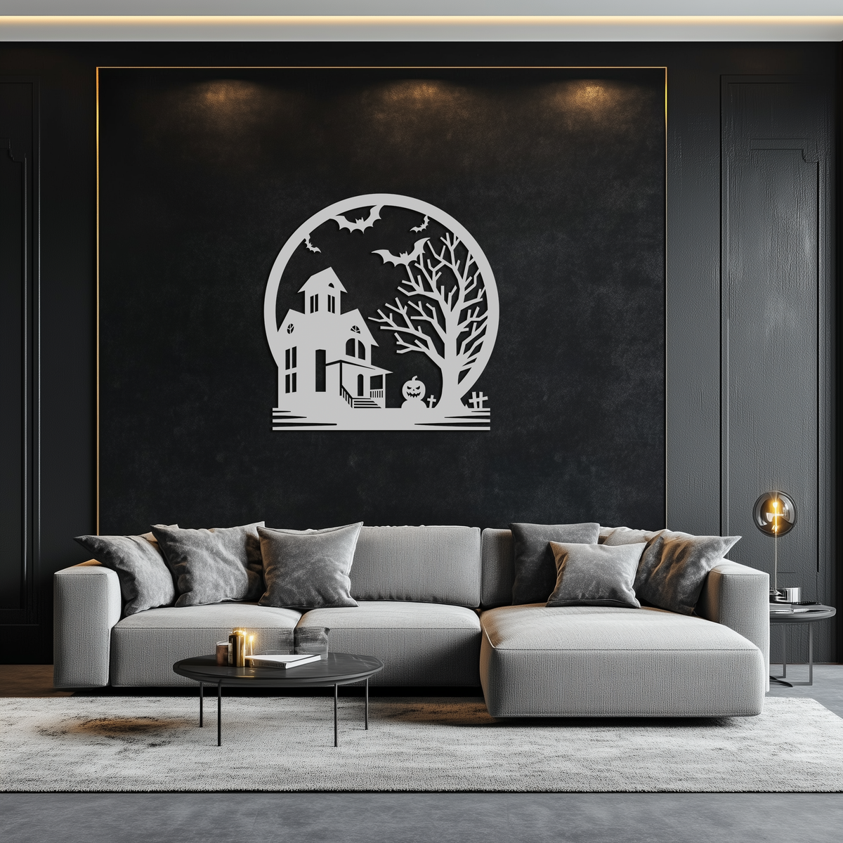 Metal Wall Art Haunted House and Bat Scene Round - Spooky Halloween Decor