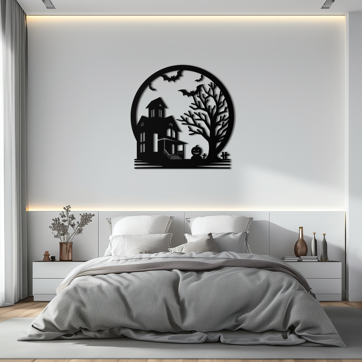Metal Wall Art Haunted House and Bat Scene Round - Spooky Halloween Decor