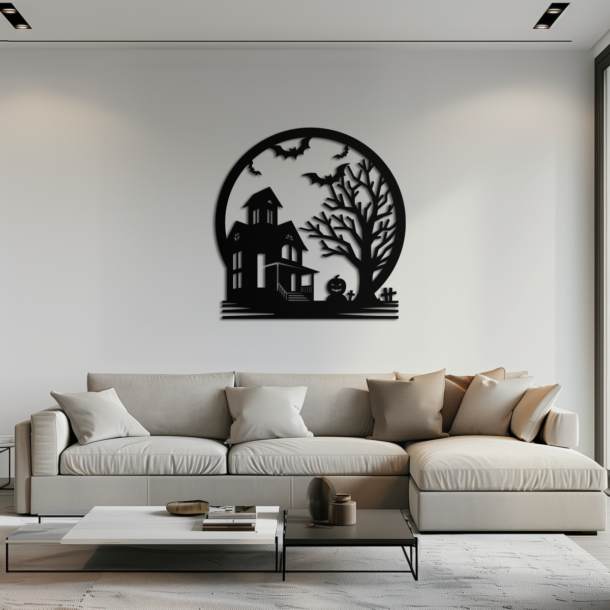 Metal Wall Art Haunted House and Bat Scene Round - Spooky Halloween Decor