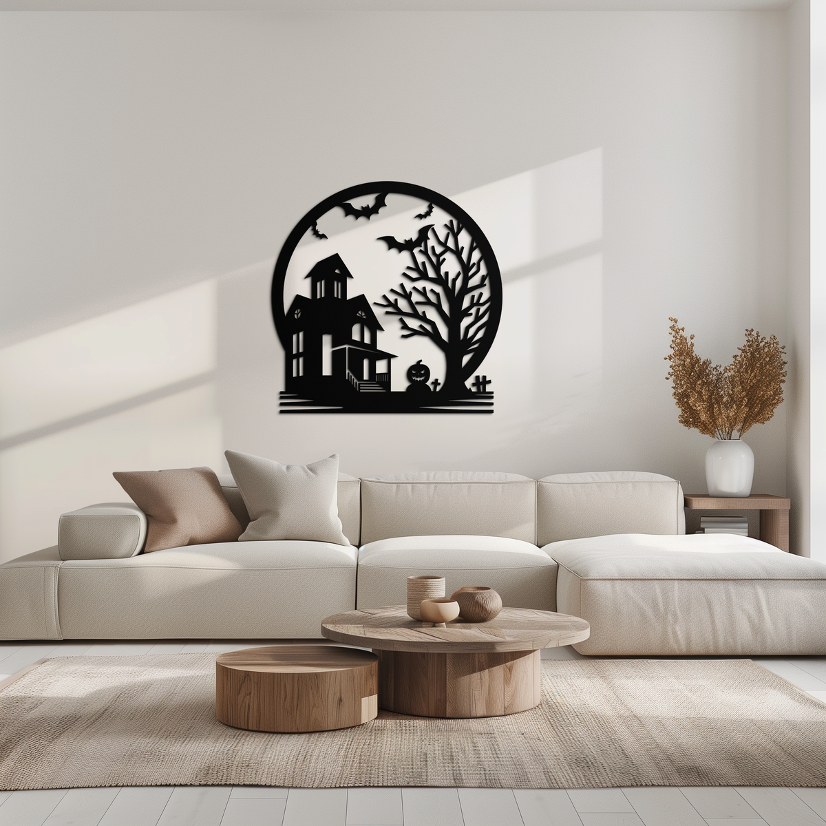 Metal Wall Art Haunted House and Bat Scene Round - Spooky Halloween Decor