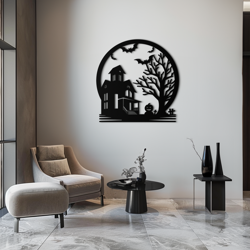 Metal Wall Art Haunted House and Bat Scene Round - Spooky Halloween Decor