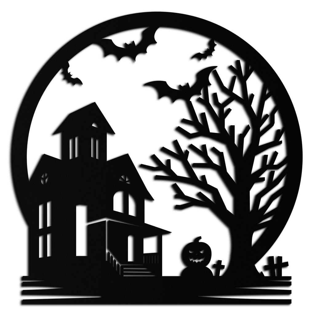 Metal Wall Art Haunted House and Bat Scene Round - Spooky Halloween Decor