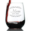 Mom Est 2021 - New Mother Stemless Wine Glass Gift for First Time Parents - Decorative 17 Oz Large Glasses