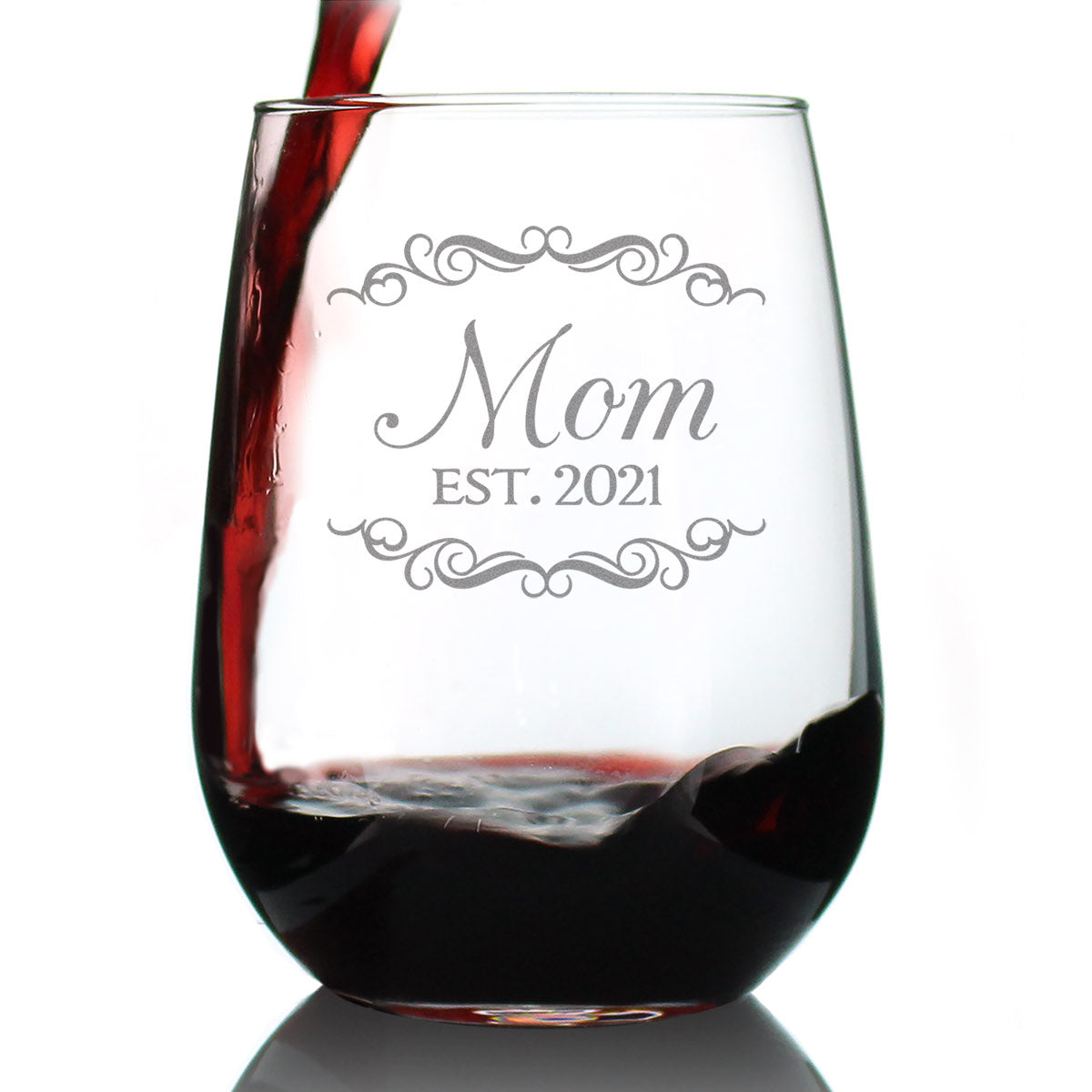 Mom Est 2021 - New Mother Stemless Wine Glass Gift for First Time Parents - Decorative 17 Oz Large Glasses
