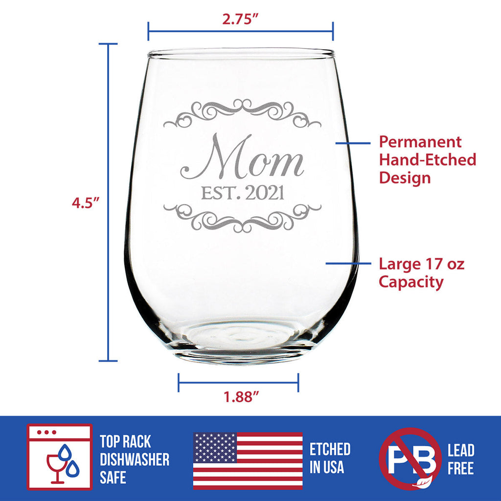 Mom Est 2021 - New Mother Stemless Wine Glass Gift for First Time Parents - Decorative 17 Oz Large Glasses