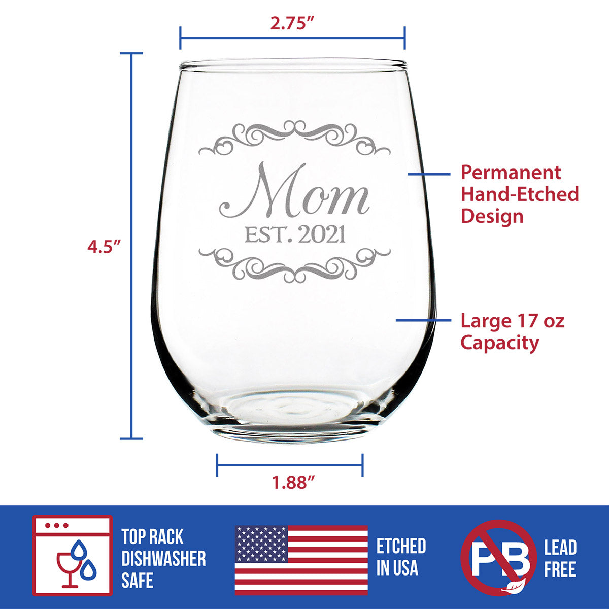 Mom Est 2021 - New Mother Stemless Wine Glass Gift for First Time Parents - Decorative 17 Oz Large Glasses